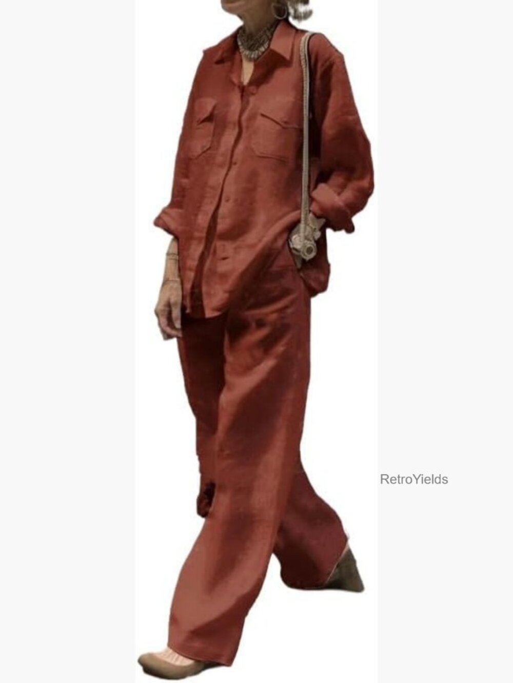 Women's 2-Piece Casual Long Sleeve Shirt & Wide Leg Pants Set - Loose Fit